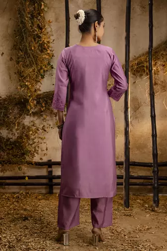 lavender silk embroidered kurta set with floral work