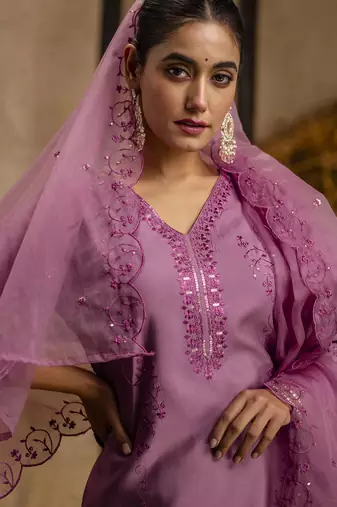 lavender silk embroidered kurta set with floral work
