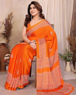 orange block print georgette saree with blouse 2