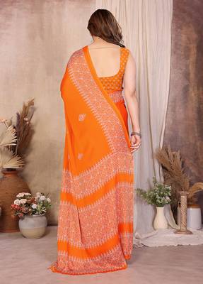orange block print georgette saree with blouse 3