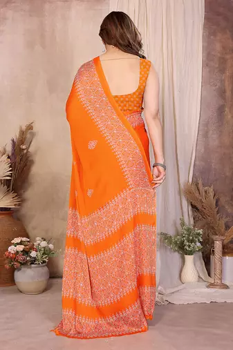 orange block print georgette saree with blouse