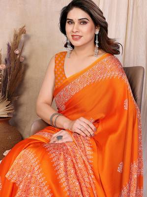 orange block print georgette saree with blouse 4
