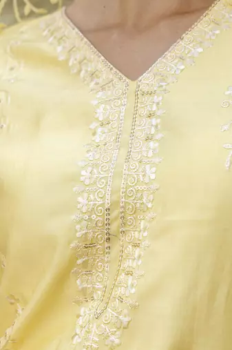 yellow silk embroidered kurta set with floral work