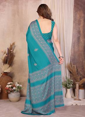 teal block print georgette saree with blouse 2