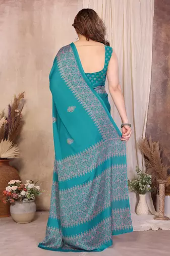 teal block print georgette saree with blouse