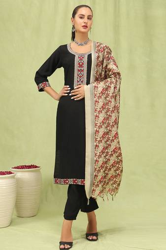 Viscose roman silk embroidery straight kurta pant with dupatta set