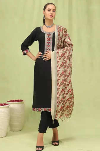 Viscose roman silk embroidery straight kurta pant with dupatta set