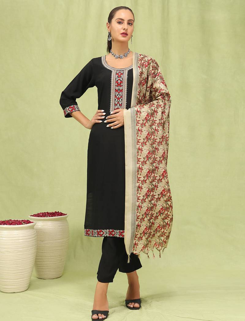 Viscose roman silk embroidery straight kurta pant with dupatta set