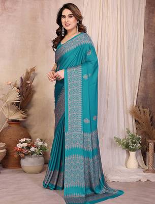 teal block print georgette saree with blouse 3