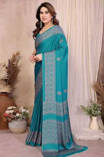 teal block print georgette saree with blouse