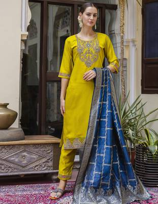 yellow rayon kurta set with embroidered work design 1