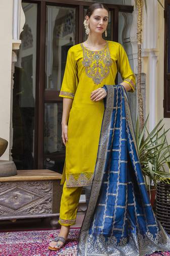 Rayon embroidered straight kurta with pant & dupatta set