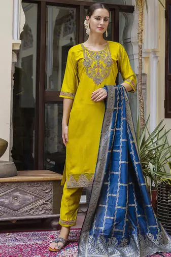 Rayon embroidered straight kurta with pant & dupatta set