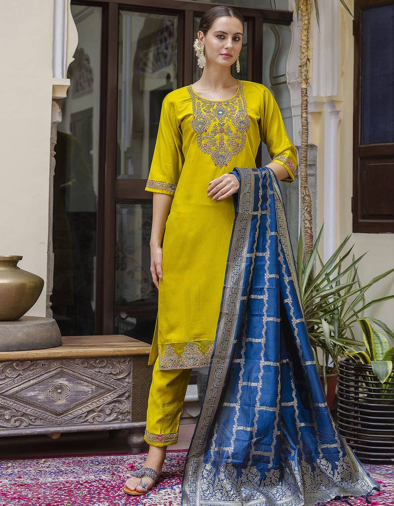 Rayon embroidered straight kurta with pant & dupatta set