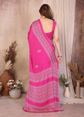 magenta block print georgette saree with blouse 2