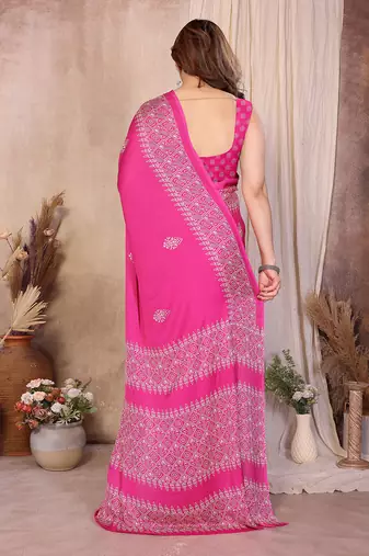 magenta block print georgette saree with blouse