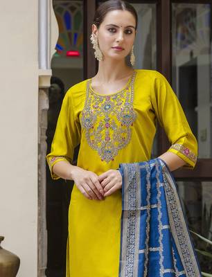yellow rayon kurta set with embroidered work design 2