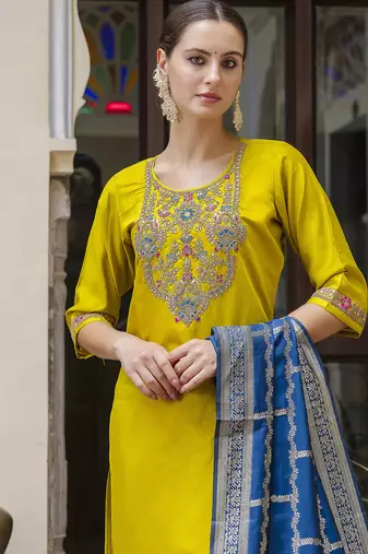 yellow rayon kurta set with embroidered work design