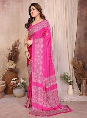 magenta block print georgette saree with blouse 3