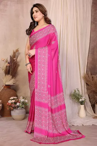 magenta block print georgette saree with blouse