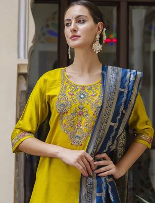 yellow rayon kurta set with embroidered work design 3