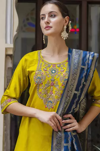 yellow rayon kurta set with embroidered work design