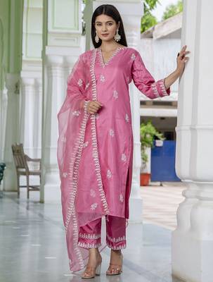 pink silk blend kurta pant set with embroidery design 1