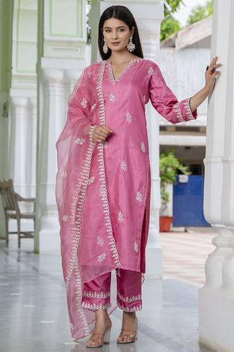 pink silk blend kurta pant set with embroidery design