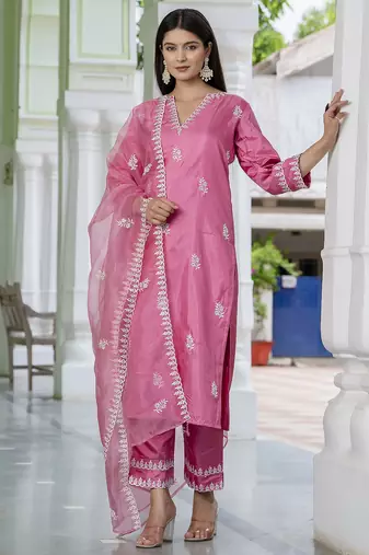 Women's silk blend embroidered kurta with pant & dupatta set