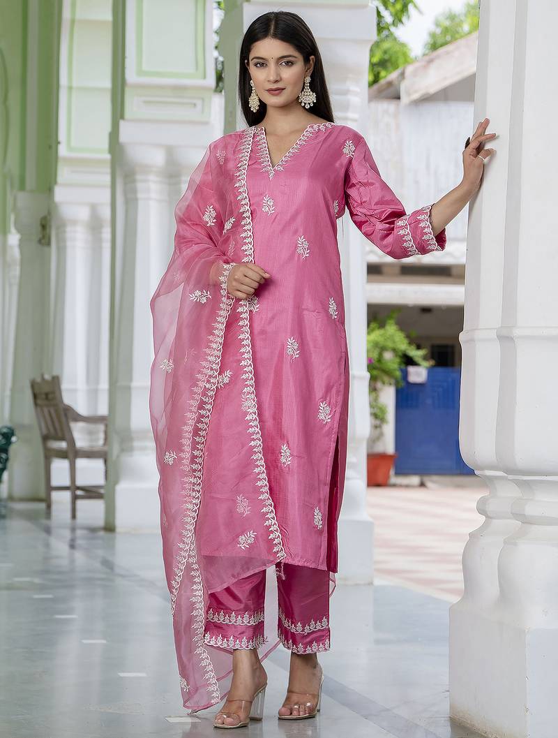 Women's silk blend embroidered kurta with pant & dupatta set