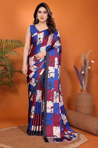 Women printed daily wear satin saree with blouse