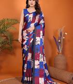 Women printed daily wear satin saree with blouse