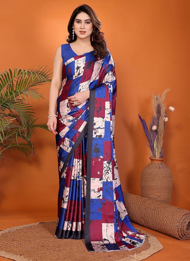 Women printed daily wear satin saree with blouse