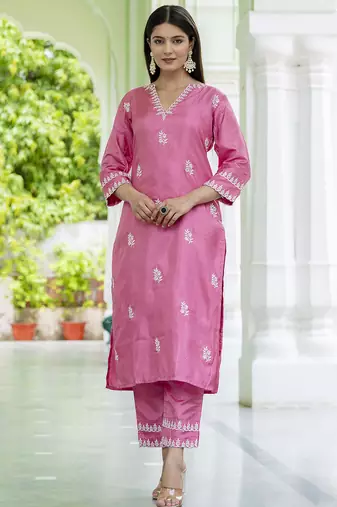 pink silk blend kurta pant set with embroidery design
