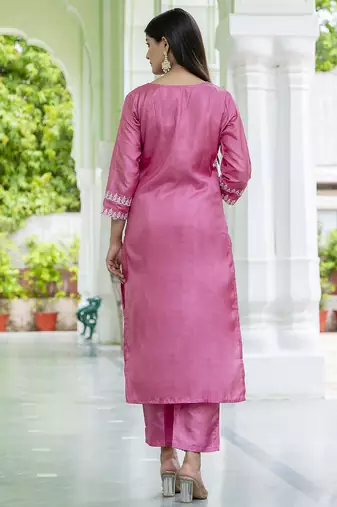 pink silk blend kurta pant set with embroidery design