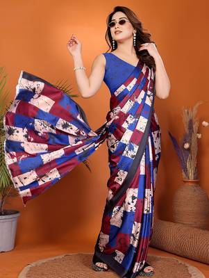 multicolor printed satin saree with blouse 3