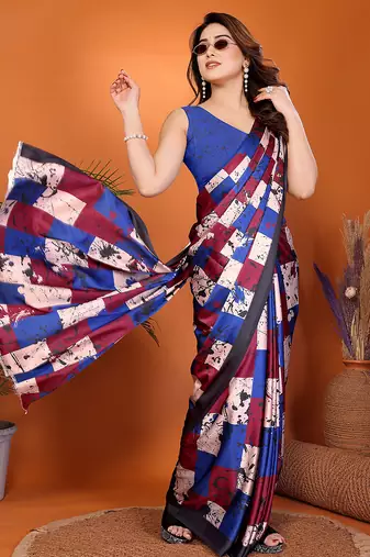 multicolor printed satin saree with blouse