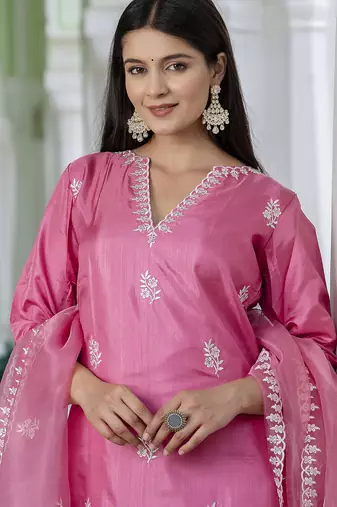pink silk blend kurta pant set with embroidery design