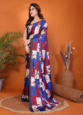 multicolor printed satin saree with blouse 4
