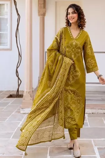 Floral embroidered pure cotton v neck kurta trouser & dupatta set