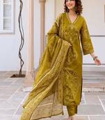 Floral embroidered pure cotton v neck kurta trouser & dupatta set