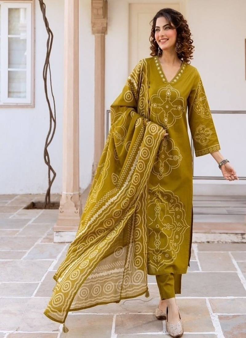 Floral embroidered pure cotton v neck kurta trouser & dupatta set