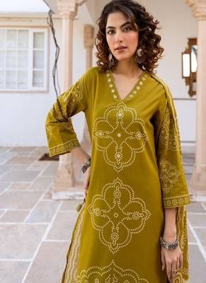 olive green floral embroidered cotton kurta dupatta set 2