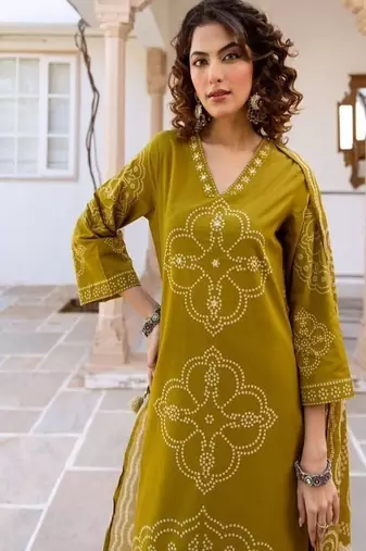 olive green floral embroidered cotton kurta dupatta set