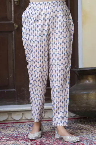 blue cotton blend kurta pant set with ethnic floral print