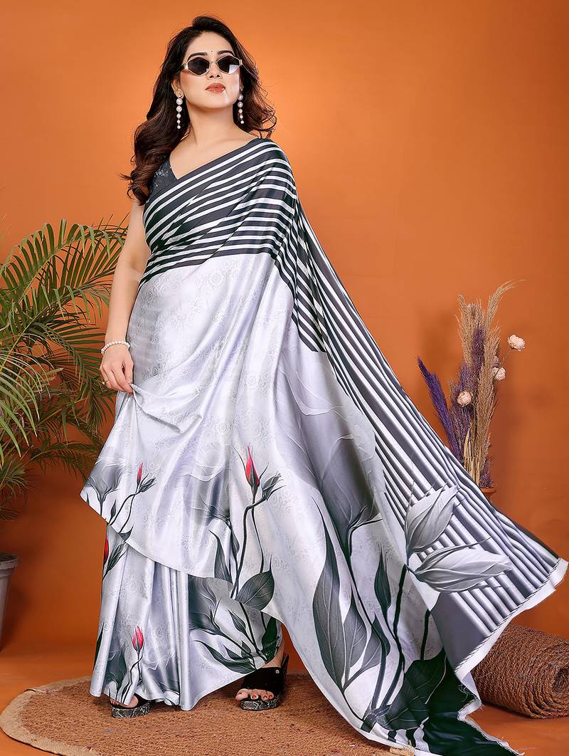 Women printed daily wear satin saree with blouse