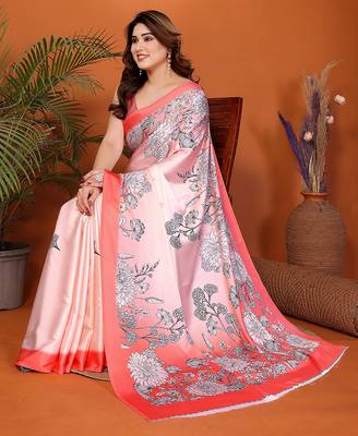 multicolor block print satin saree with blouse 3