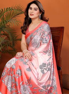 multicolor block print satin saree with blouse 4