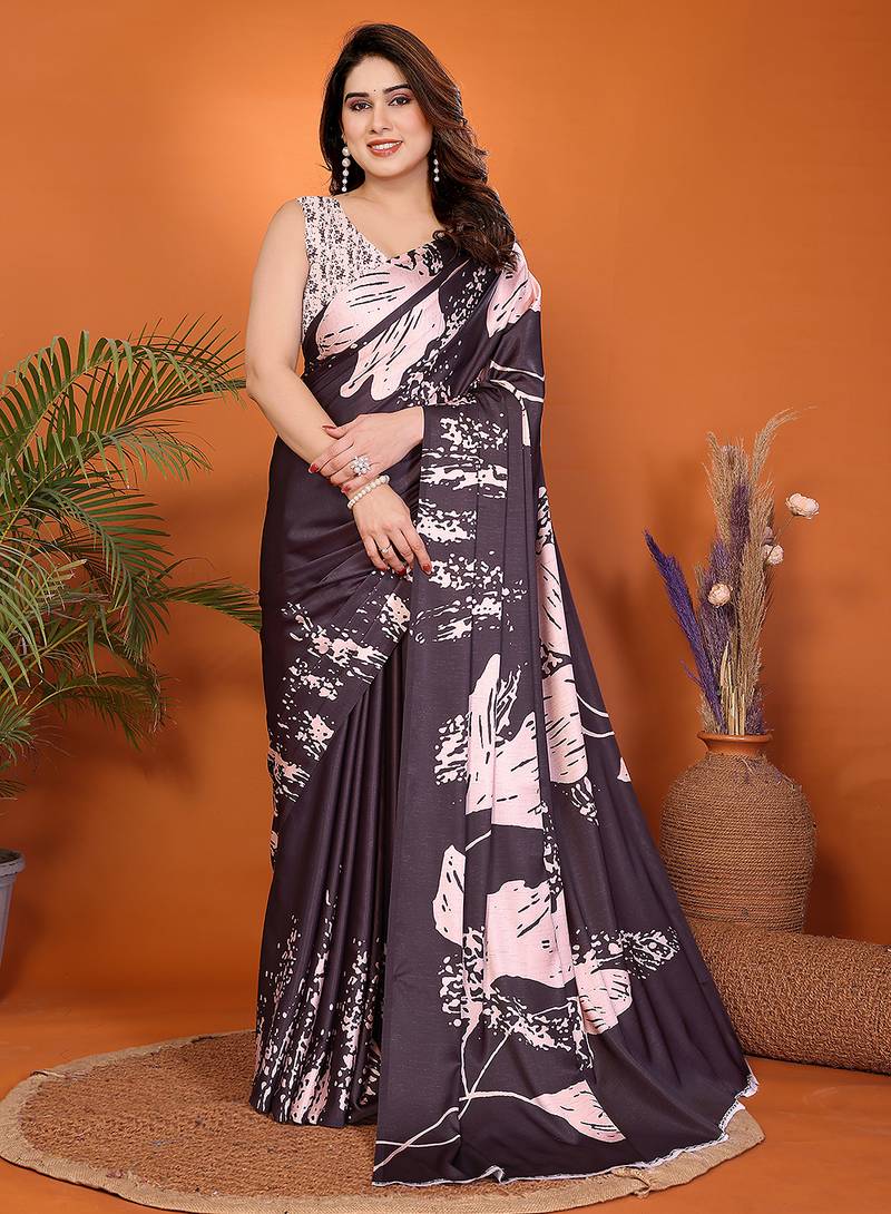 Women printed daily wear satin saree with blouse