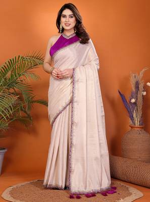 off white cotton silk saree with embroidery tassels 1